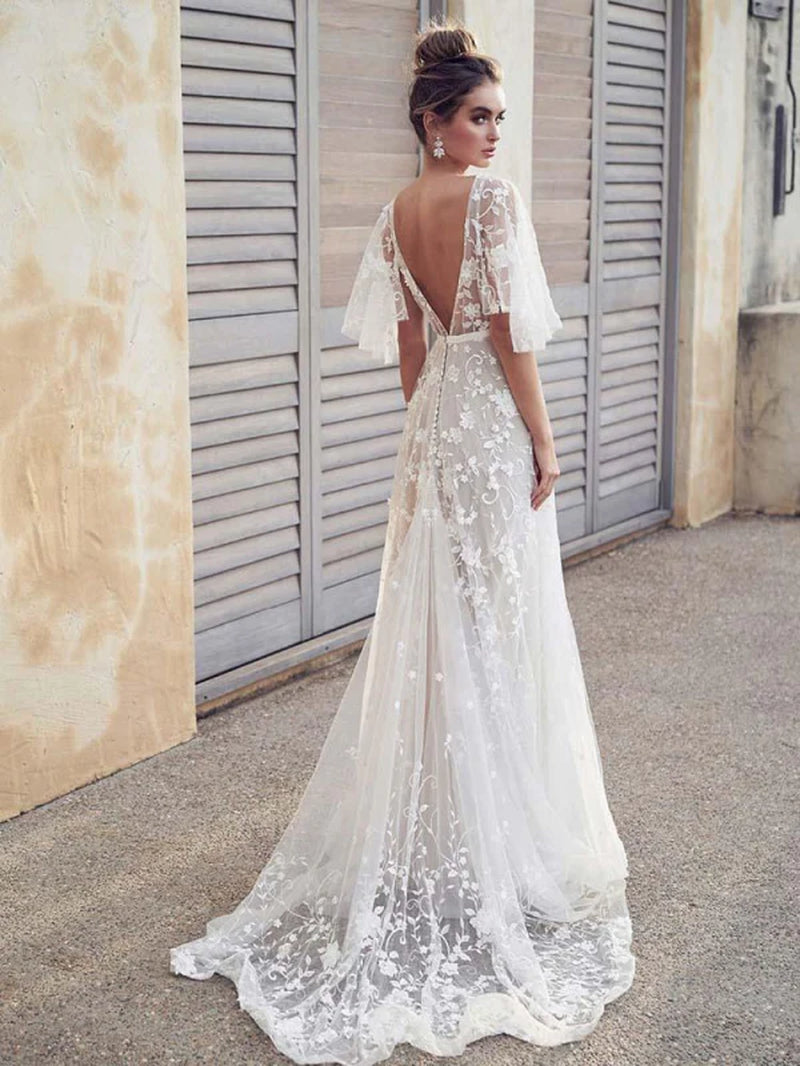 V Neck Half Sleeve Lace Boho Wedding Dresses