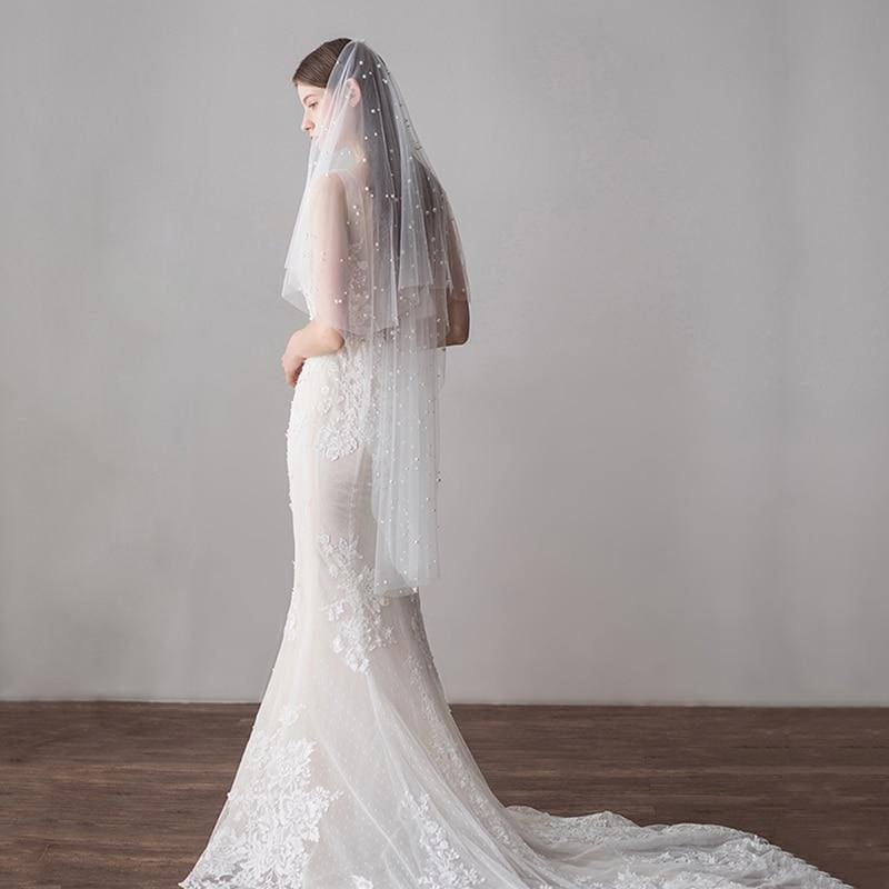 CPA1423 1.2M One Layer Ivory Pearl Beaded Soft Wedding Veils | Bridelily