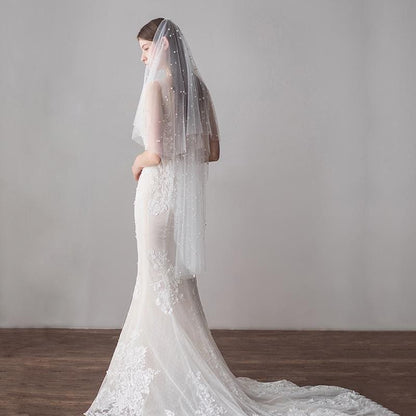 CPA1423 1.2M One Layer Ivory Pearl Beaded Soft Wedding Veils | Bridelily