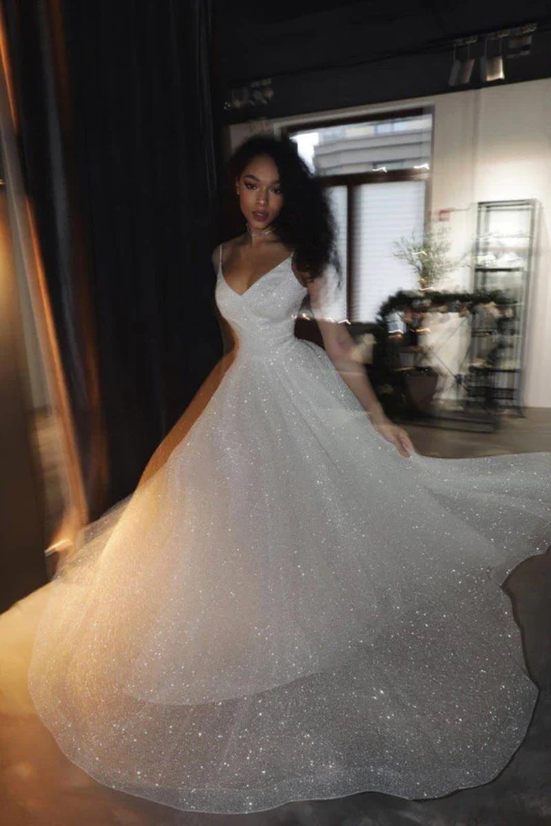 SD2128 Shiny Sequins Spaghetti Straps A-Line Wedding Dress