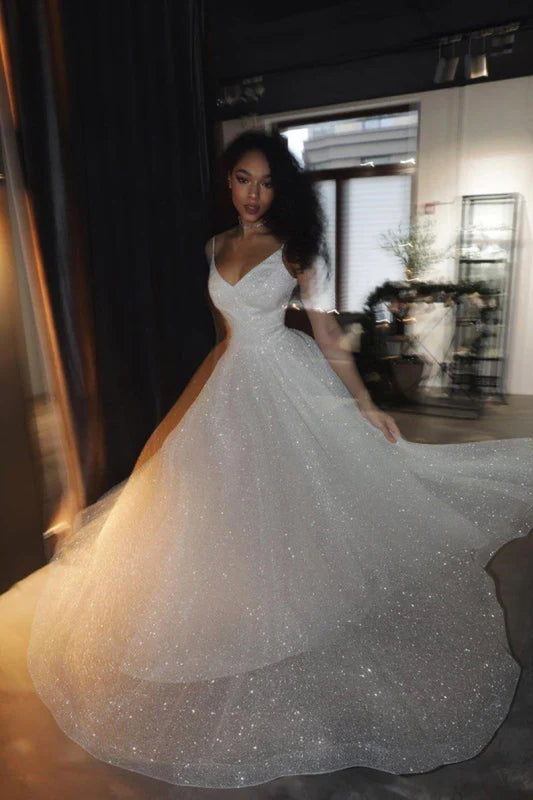 SD2128 Shiny Sequins Spaghetti Straps A-Line Wedding Dress