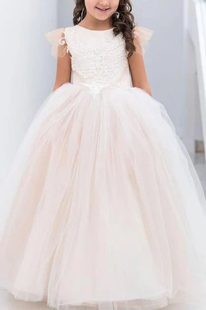 Lovely Tulle Lace Flower Girl Dress Sleeveless Kids Dress for Wedding Party with Appliques