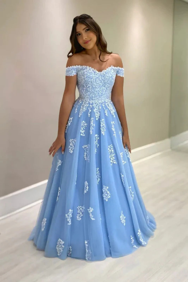 Off-The-Shoulder Blue Tulle Aline Mother of the Bride Dress with Lace Appliques