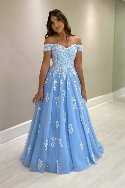 Off-The-Shoulder Blue Tulle Aline Mother of the Bride Dress with Lace Appliques
