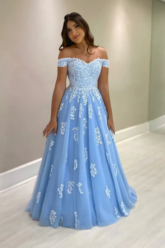 Off-The-Shoulder Blue Tulle Aline Mother of the Bride Dress with Lace Appliques