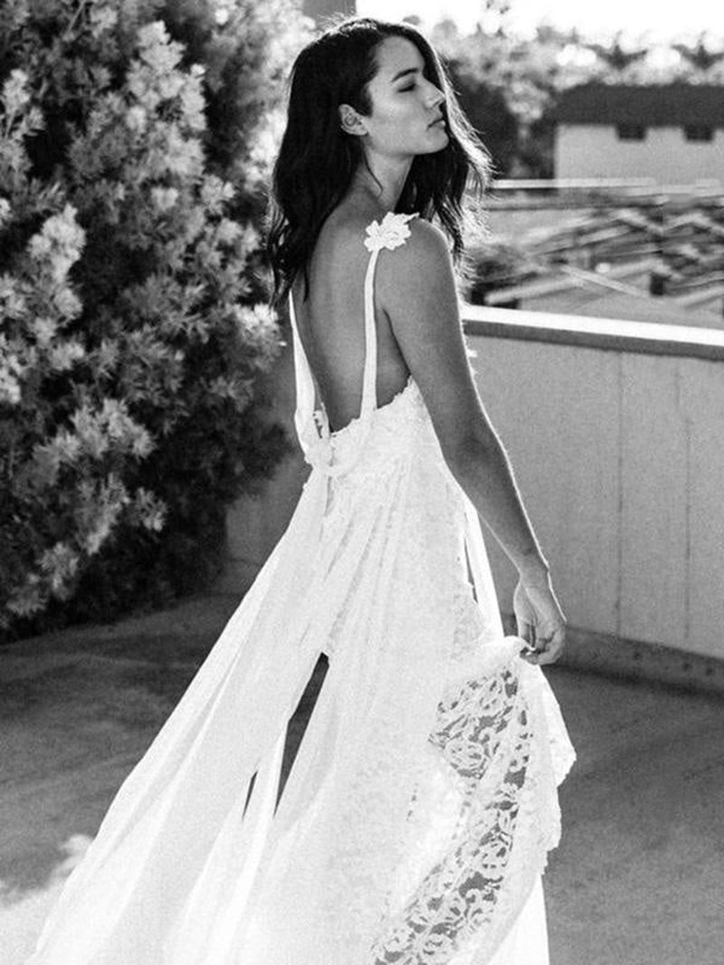 Lace White Boho Bohemian Wedding Dresses with Front Split