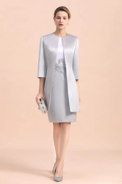 Silver Short Mother of the Bride Dress Knee-Length Two Pieces Wedding Guest Outfits