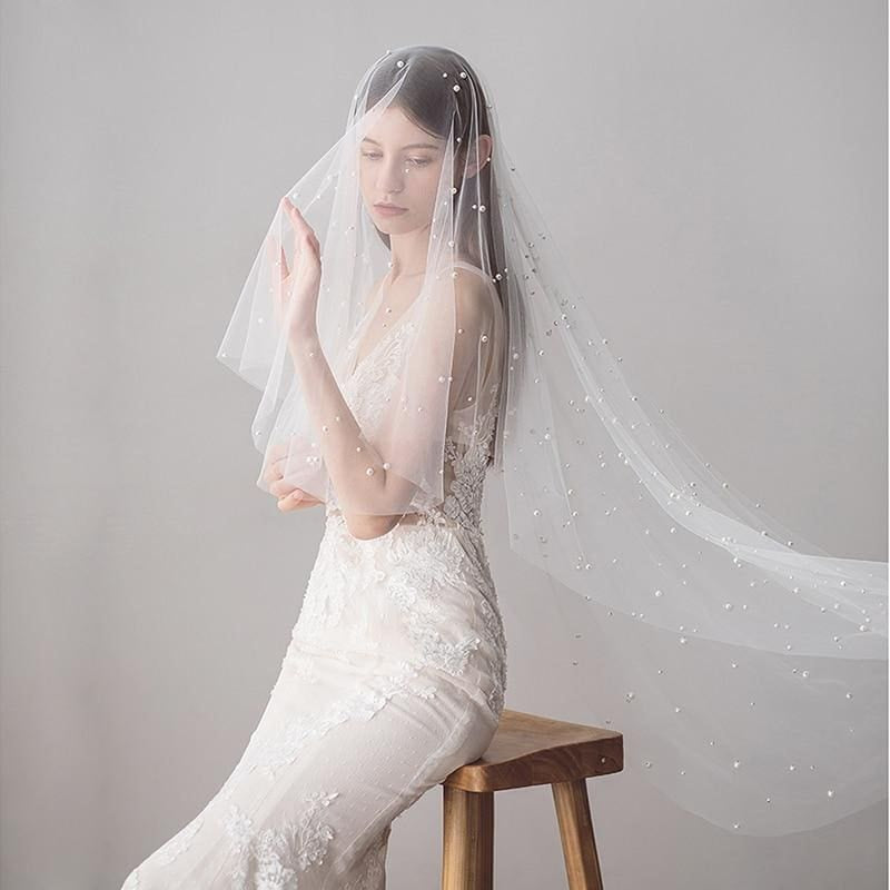 CPA1423 1.2M One Layer Ivory Pearl Beaded Soft Wedding Veils | Bridelily