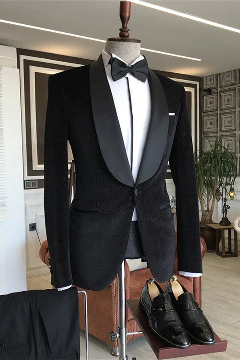 Black Shawl Lapel Two Pieces Velvet Wedding Groom Suits One Button Wedding Suits