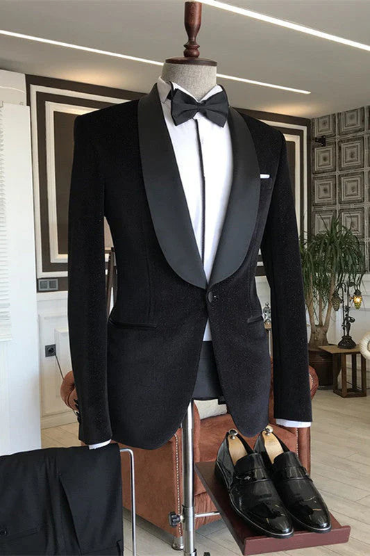 Black Shawl Lapel Two Pieces Velvet Wedding Groom Suits One Button Wedding Suits