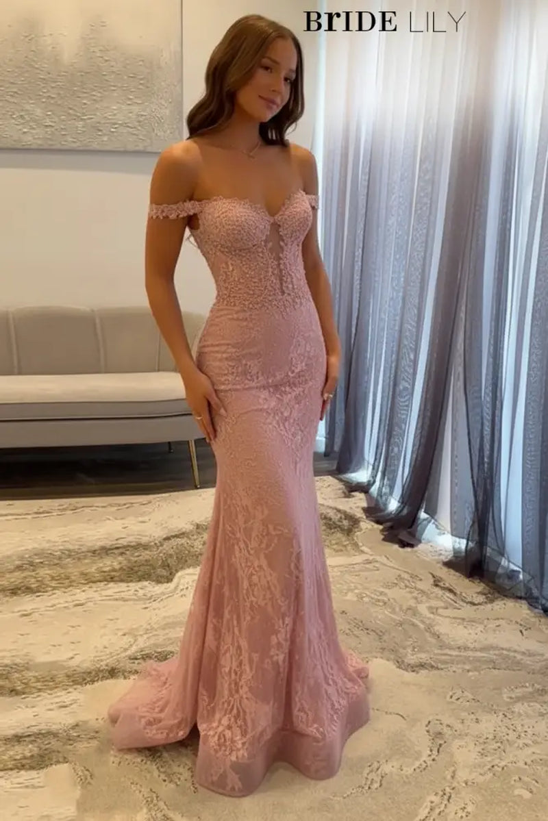 Off-The-Shoulder Mermaid Evening Dress Lace Prom Dress Long