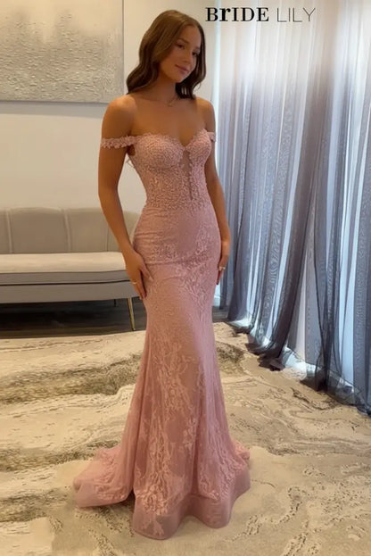 Off-The-Shoulder Mermaid Evening Dress Lace Prom Dress Long