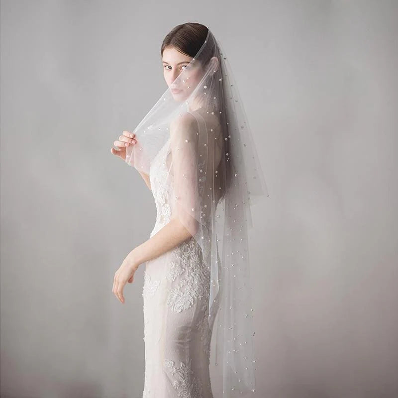 CPA1423 1.2M One Layer Ivory Pearl Beaded Soft Wedding Veils | Bridelily
