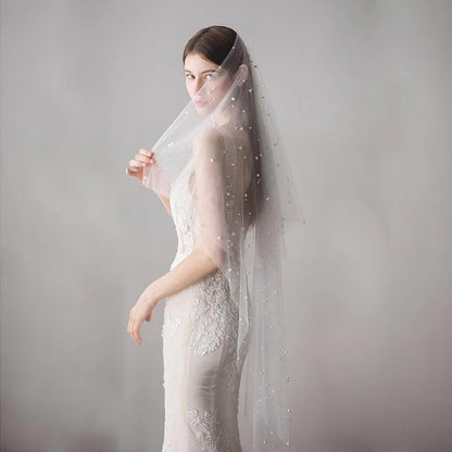 CPA1423 1.2M One Layer Ivory Pearl Beaded Soft Wedding Veils | Bridelily