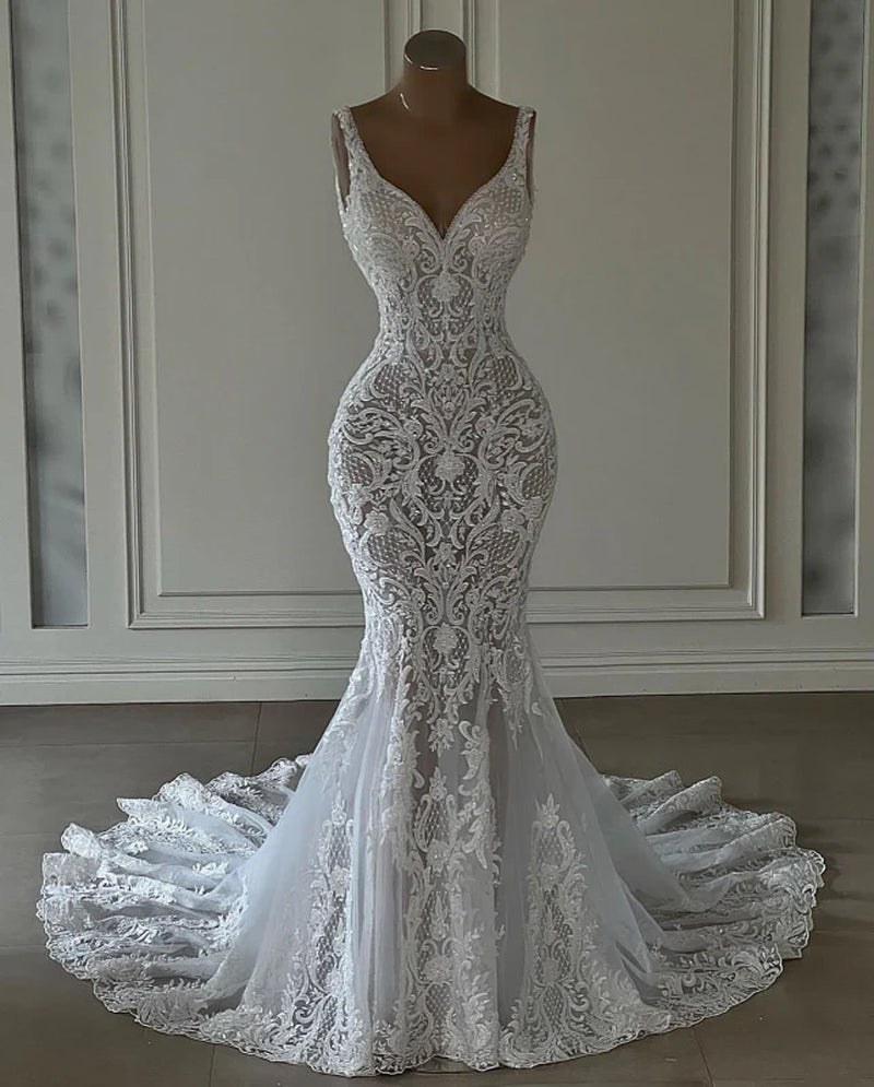 Mermaid Lace Sweetheart Wedding Dress V-Neck Long Bridal Dress with Train