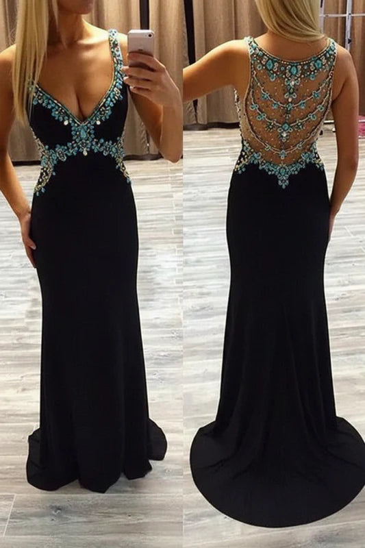 V-Neck Sleeveless Prom Dress Sweep/Brush Train with Beading Spandex Dresses