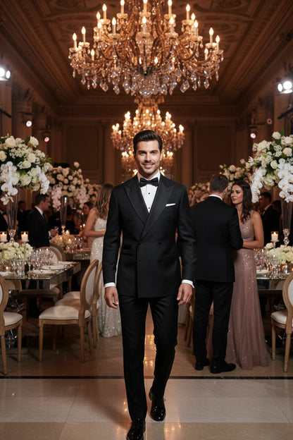 Black Shawl Lapel Double Breasted Men Suits for Wedding Slim Fit Tuxedo 2 Pieces