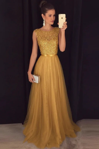 Elegant Gray A-Line Prom Dress Sequined Tulle Evening Gown
