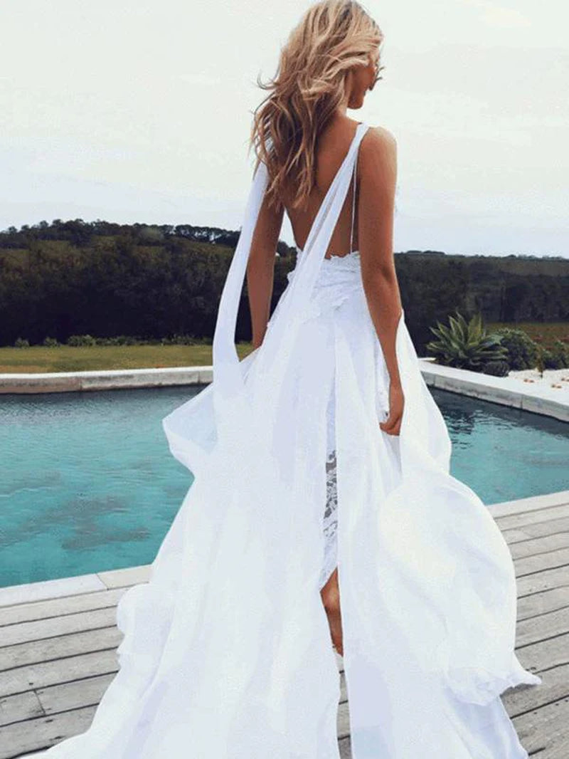 Lace White Boho Bohemian Wedding Dresses with Front Split