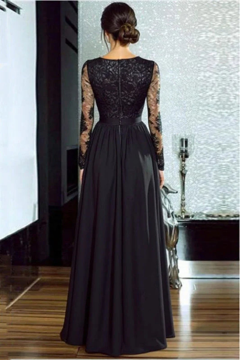 Bridelily A-Line Long Sleeves V-Neck Split Floor-Length Lace Appliques Prom Dresses