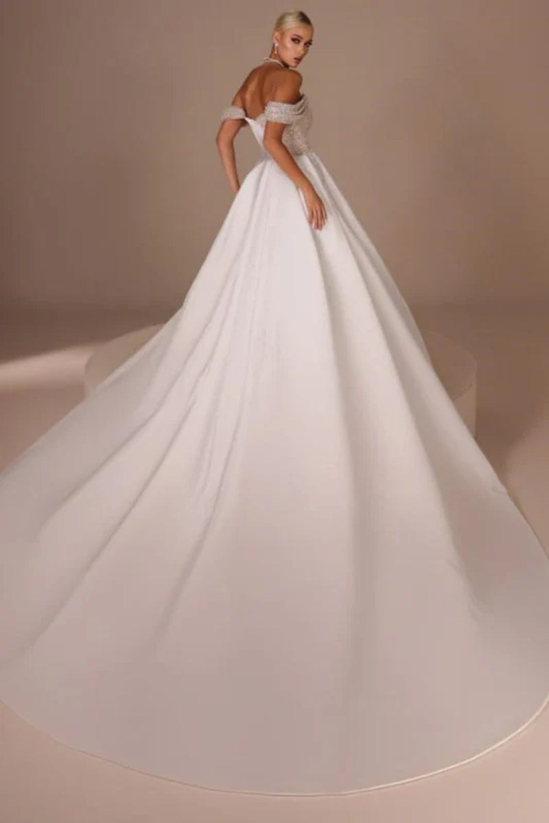Chic Glitter Off-Shoulder Satin Mermaid Chapel Train Wedding Dress