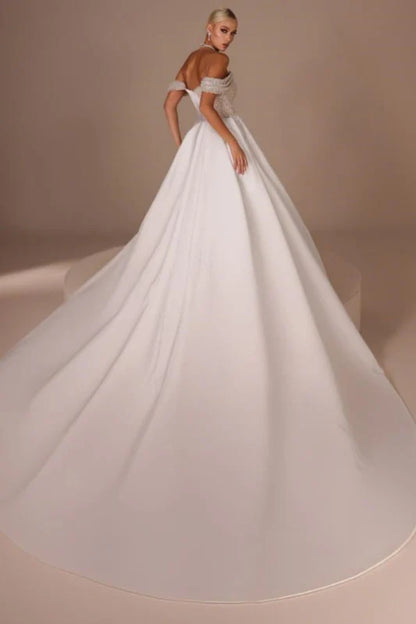 Chic Glitter Off-Shoulder Satin Mermaid Chapel Train Wedding Dress