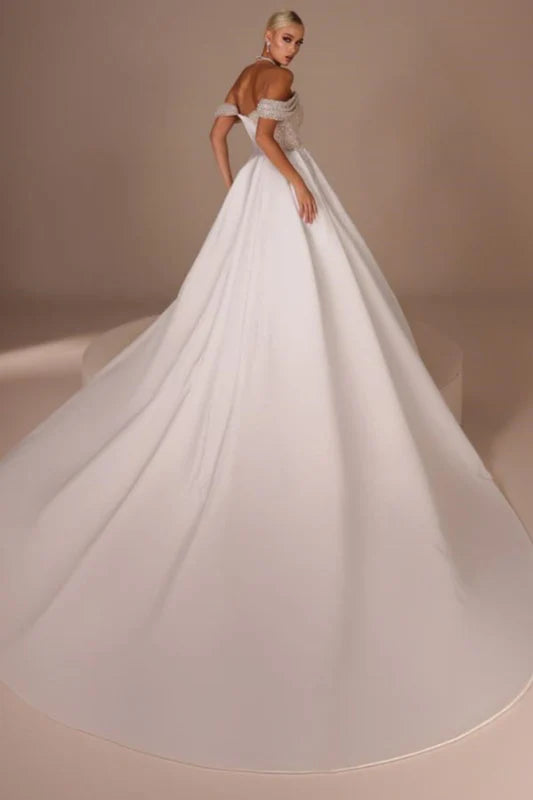 Chic Glitter Off-Shoulder Satin Mermaid Chapel Train Wedding Dress