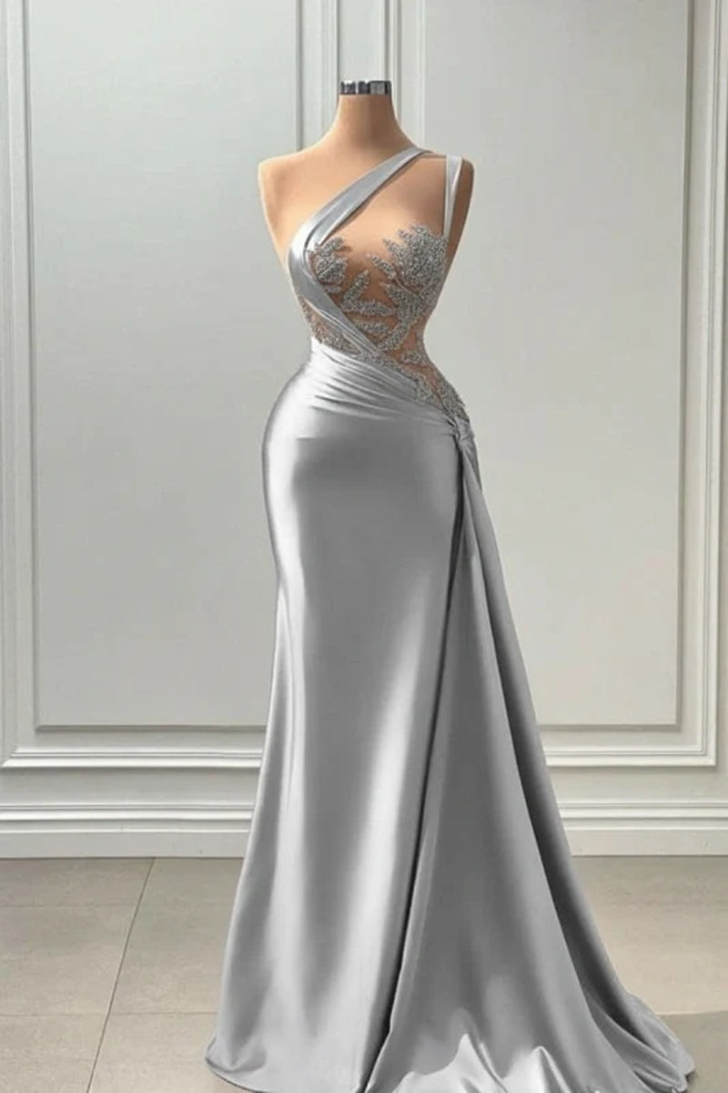 One Shoulder Purple Mermaid Prom Dress with Pleated Beading