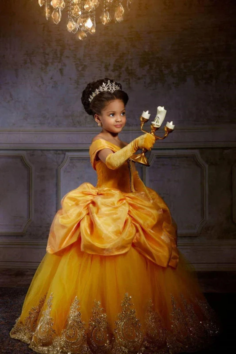 Off-The-Shoulder Ruffle Ball Gown a Line Party Dress Floor Length Birthday Dress for Girls