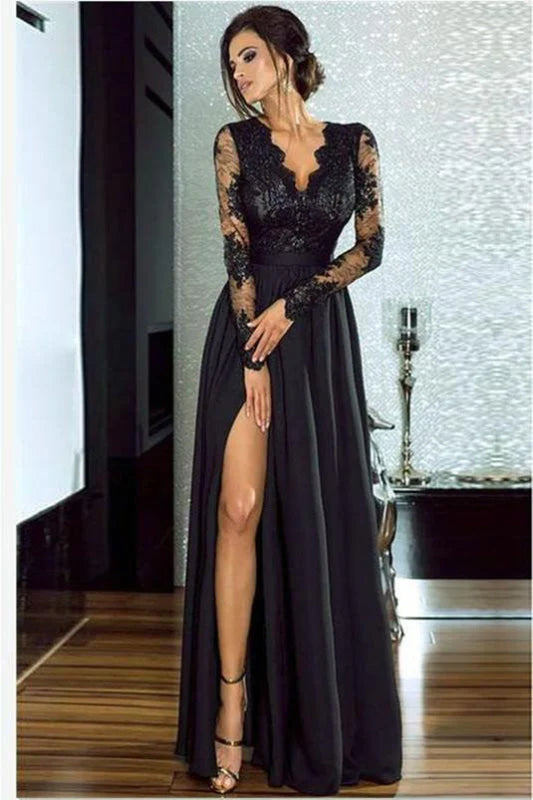 Bridelily A-Line Long Sleeves V-Neck Split Floor-Length Lace Appliques Prom Dresses
