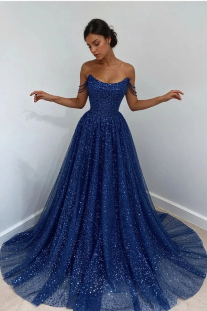Sky Blue Off-The-Shoulder Prom Dress Long with Sequins