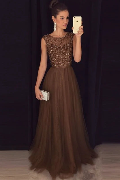 Elegant Gray A-Line Prom Dress Sequined Tulle Evening Gown