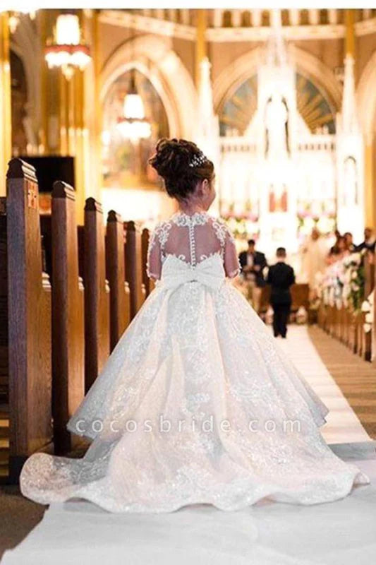 Long Sleeves Jewel Princess Long Lace Flower Girl Dresses