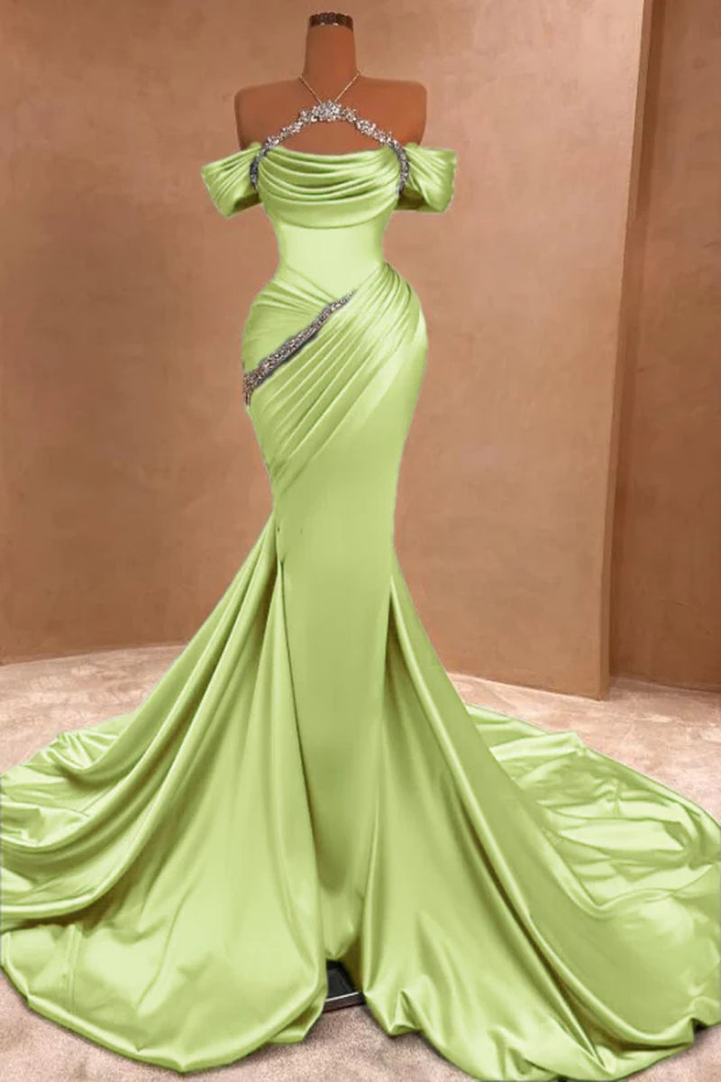 Chic Ruffle Satin Prom Dress Mermaid Off-The-Shoulder Beadings Long Party Gown