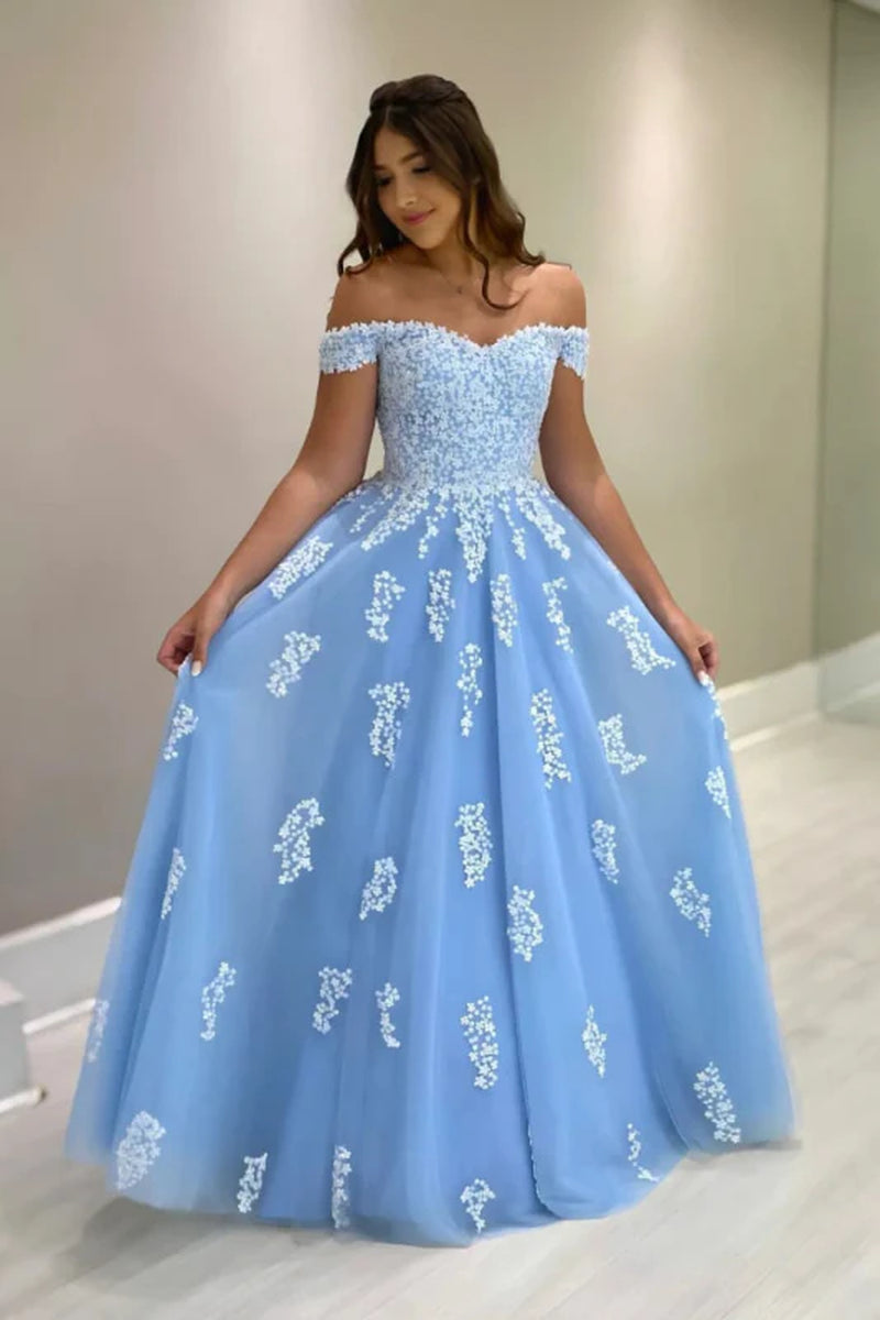 Off-The-Shoulder Blue Tulle Aline Mother of the Bride Dress with Lace Appliques