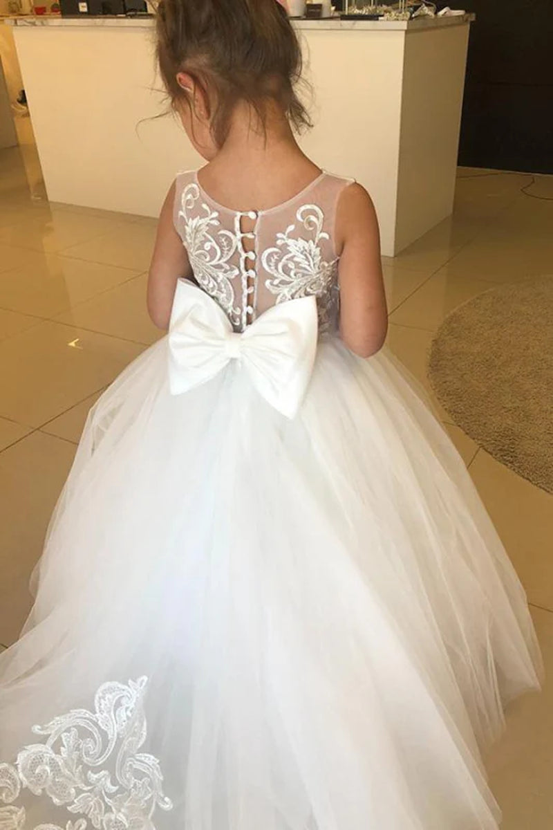 Cute White Tulle Little Girl Dress for Wedding Sleeveless Lace Appliques Flower Girl Dress