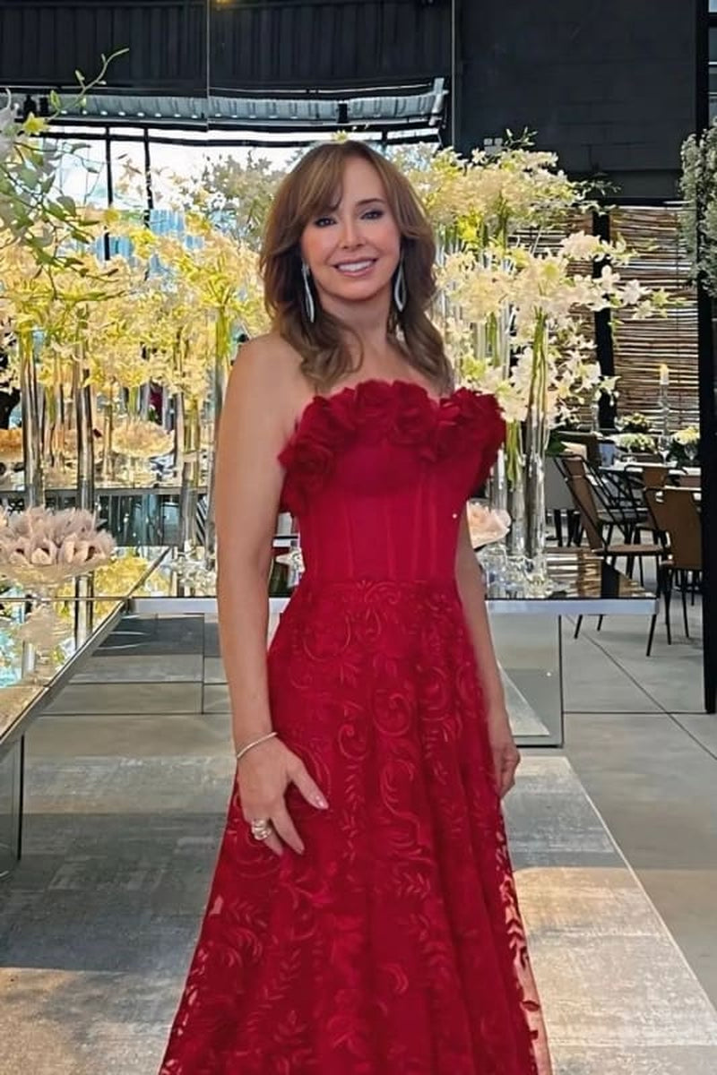 Off-The-Shoulder Red Aline Wedding Guest Dress with Flowers