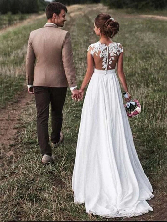 Affordable Cap Sleeves Lace Covered Button Wedding Dresses