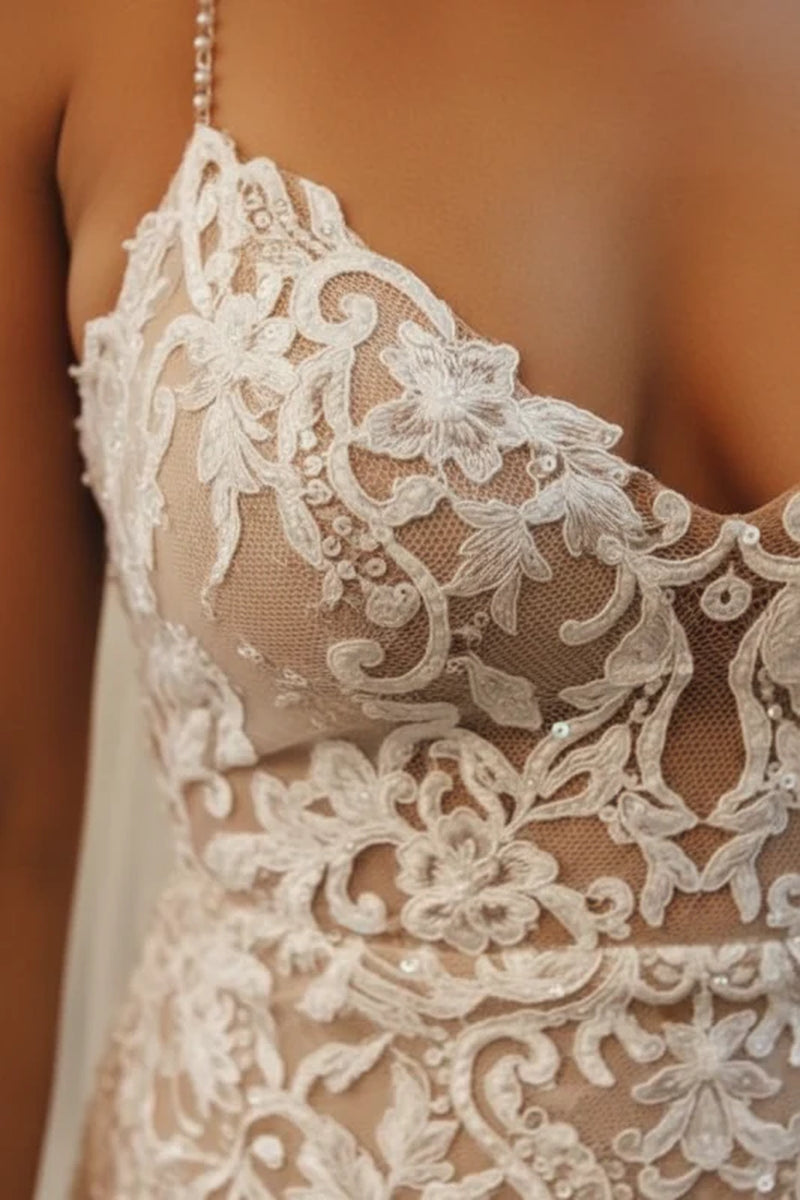 Spaghetti Strap Mermaid Lace Applique Long Train Wedding Dress