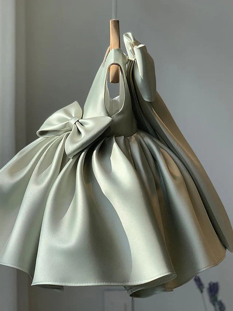Cute Satin Princess Ball Gown Mini Flower Girl Dresses with Bow