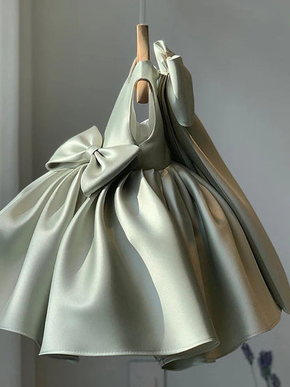 Cute Satin Princess Ball Gown Mini Flower Girl Dresses with Bow