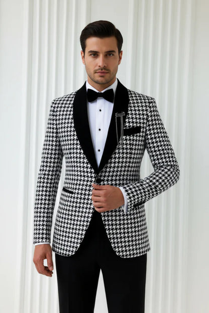 White Shawl Lapel Jacquard Wedding Suits One Buttom Slim Fit Dinner Party Houndstooth Prom Suits