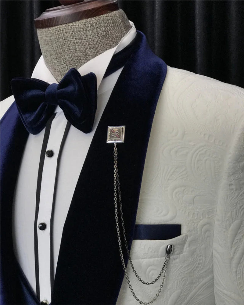Fancy White Slim Fit 3 Piece One Button Blazer Set Wedding Suits with Navy Blue Shawl Lapel