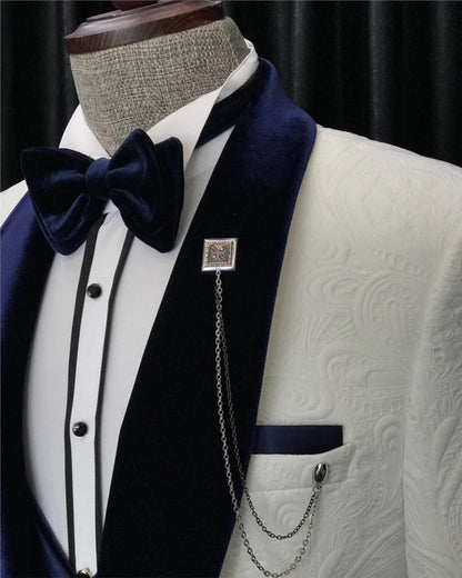 Fancy White Slim Fit 3 Piece One Button Blazer Set Wedding Suits with Navy Blue Shawl Lapel