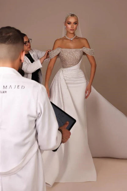 Chic Glitter Off-Shoulder Satin Mermaid Chapel Train Wedding Dress