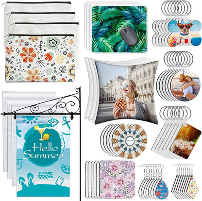 114Pcs Sublimation Blanks Products, Sublimation Blanks Set Including DIY Blank Makeup Bag, Keychain, Earring, Pillow Cover, Mouse Pad, Coaster, Garden Flag for Sublimation Transfer, Mother'S Day Craft