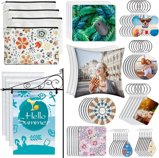 114Pcs Sublimation Blanks Products, Sublimation Blanks Set Including DIY Blank Makeup Bag, Keychain, Earring, Pillow Cover, Mouse Pad, Coaster, Garden Flag for Sublimation Transfer, Mother'S Day Craft