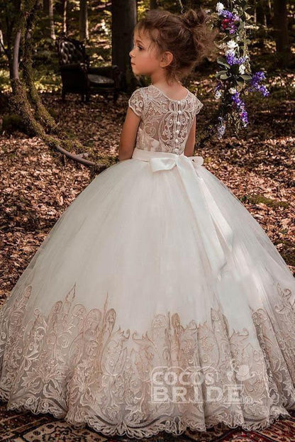 Scoop Neck Short Sleeves Ball Gown Flower Girls Dress