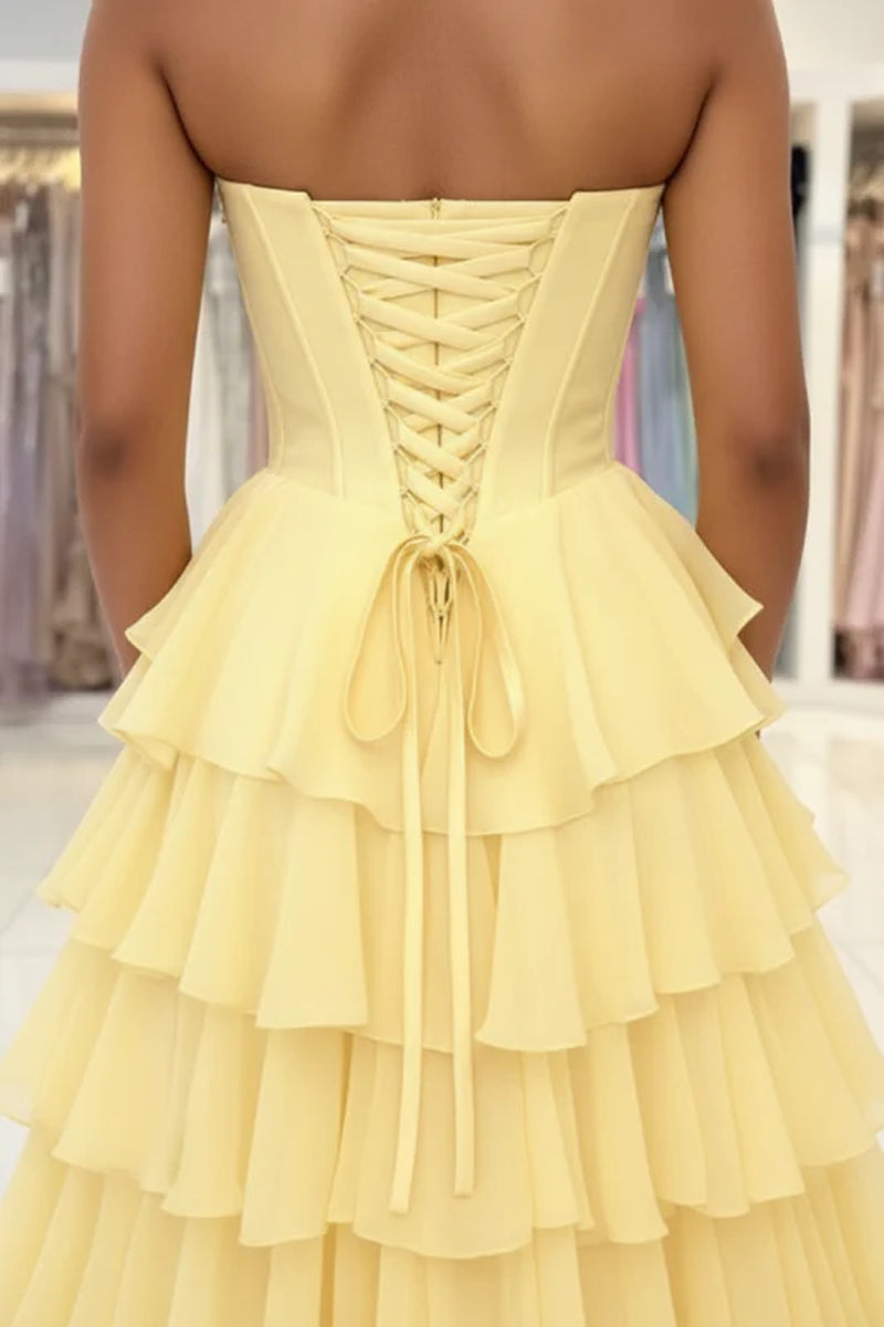 Strapless Sweetheart Corset Aline Evening Dress Chiffon Side Split Prom Dress