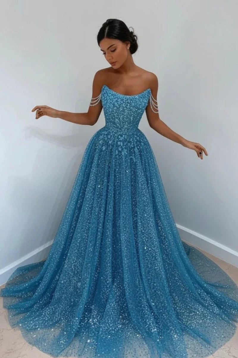 Sky Blue Off-The-Shoulder Prom Dress Long with Sequins